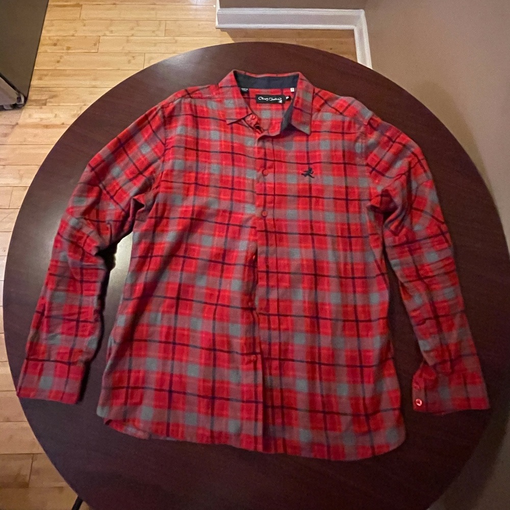 Button up shirt checker/plaid red, blue and grey.